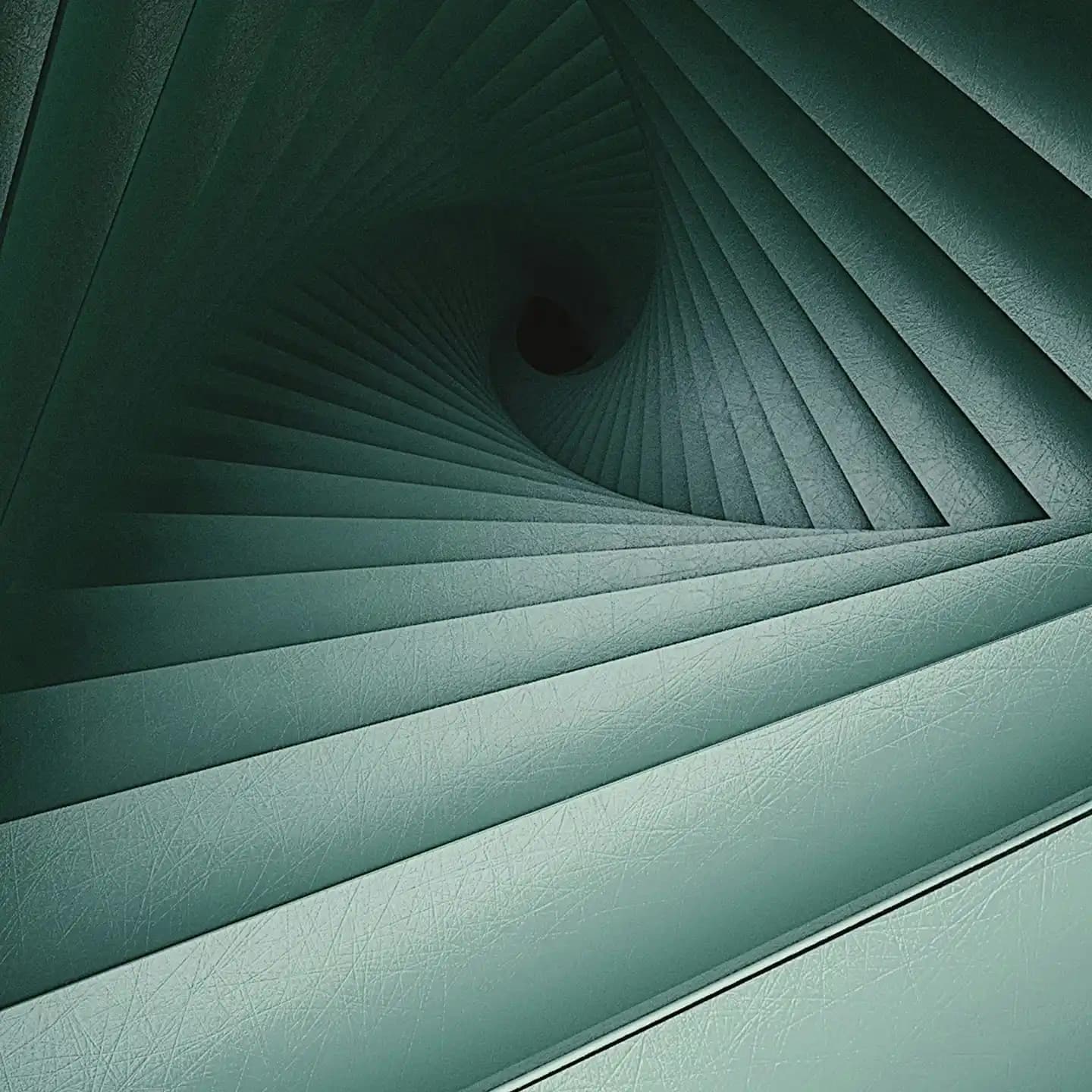 Abstract photo of a teal, stair-like spiral structure.